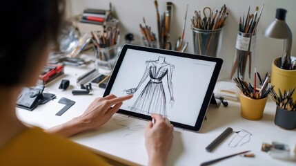 Designer uses digital tablet to create fashion sketch. Creative person works in studio. Tools, materials on table. Digital illustration in progress. Concept development evident. Fashion design