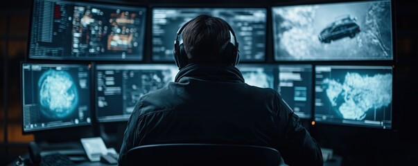 Security guard in control room monitors advanced surveillance system. Real-time AI vehicle tracking, treasure map data displayed on multiple screens. Pro tech focused on protection, safety.