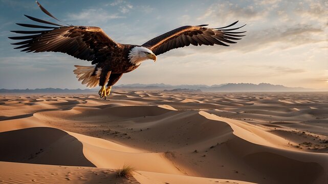 Soaring Above the Dunes: A majestic bald eagle takes flight over a vast, sun-drenched desert landscape. Its powerful wings beat against the golden sky, symbolizing freedom, strength, and resilience.