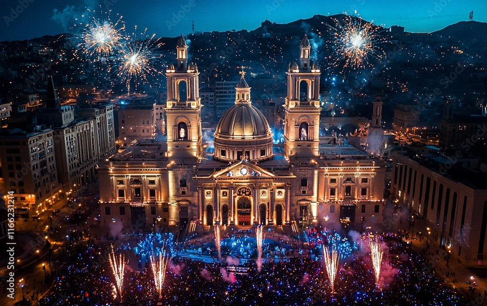 Poster nighttime aerial view of a large basilica with fireworks display and crowd.