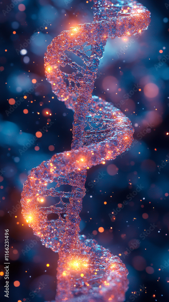 Poster biotechnology dna molecular structure with glowing particles representing genetic technology concept