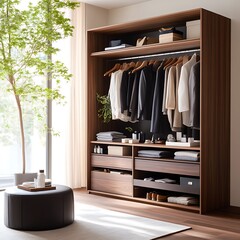 Modern minimalist walk-in closet with wooden wardrobe, clothing, shelves, and drawers.