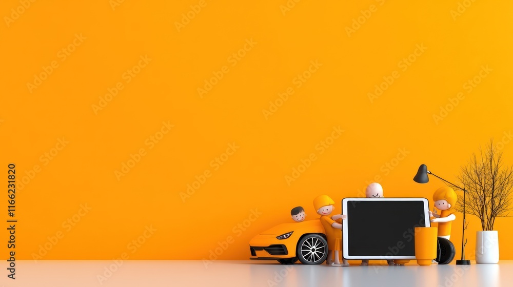 Poster playful scene with characters around a large screen and car.
