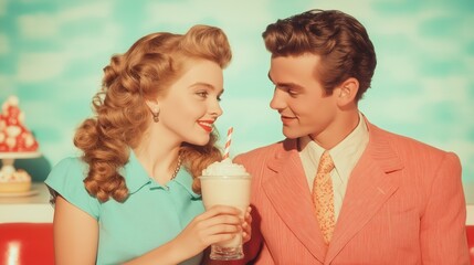 Vintage couple enjoying milkshake at retro diner in 1950s setting