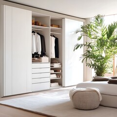 Modern minimalist white sliding door wardrobe in a bright bedroom with plant and ottoman.
