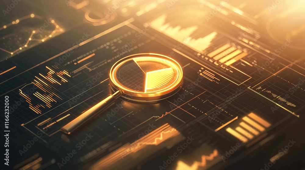 Poster a gold magnifying glass focuses on a pie chart displayed on a digital screen showing various financi