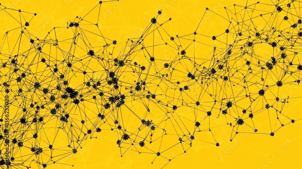 Aufkleber abstract network: interconnected nodes and lines on yellow background
