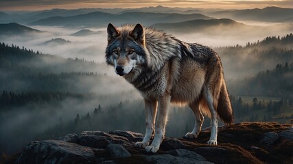 Majestic Wolf at Sunrise: A lone wolf stands proudly on a rocky outcrop, overlooking a breathtaking misty mountain landscape bathed in the warm glow of sunrise.  The image evokes a sense of wildness.