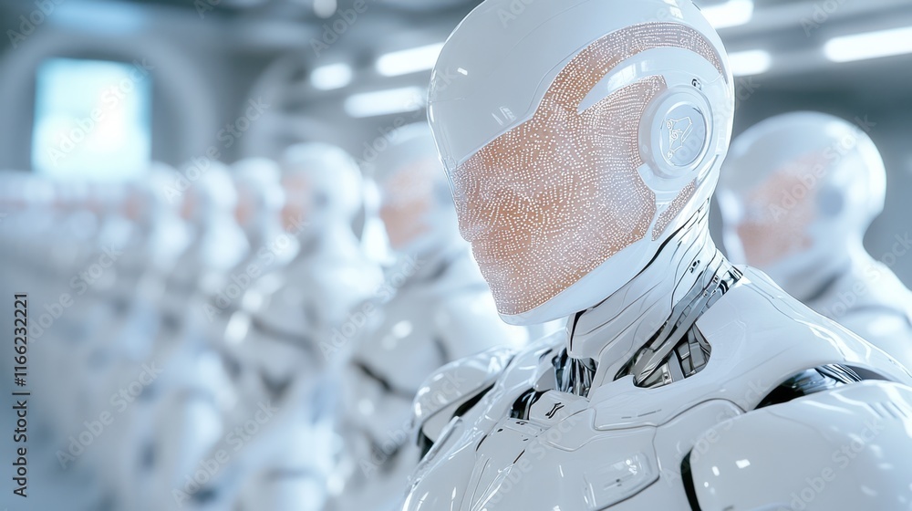 Poster futuristic robots in line showcasing advanced technology and ai innovations