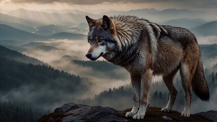 Obraz premium Wolf on Mountain Peak: Majestic grey wolf stands on a rocky peak, gazing into the misty valley, surrounded by fog-covered mountains and evergreen forests. The scene evokes a sense of wilderness.