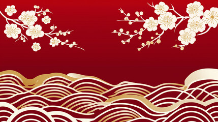 和柄-梅と波-赤
