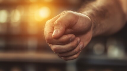 Close-up of hand reaching out in warm sunlight with blurred background