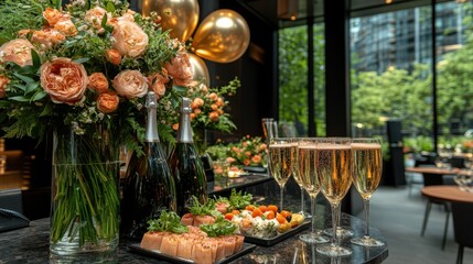Elegant celebration table with champagne and floral arrangements in a modern setting