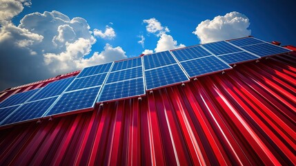 Red container roof equipped with multiple solar panels under bright sky with fluffy clouds. Renewable energy tech installation. Sustainable eco friendly solution for future. Photovoltaic system