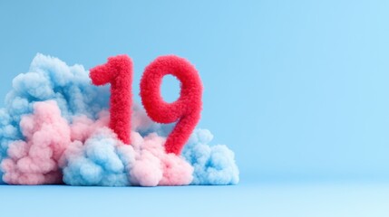 Colorful cloud number 19: vibrant pink and blue celebration on soft background