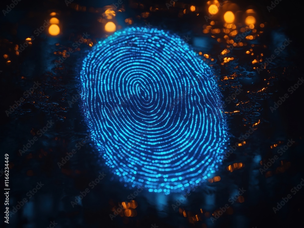 Poster glowing blue fingerprint on dark reflective surface. abstract tech biometric pattern. unique digital
