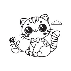 illustration of Black And White Coloring Book With Bold Lines, Cute Animal Kitty