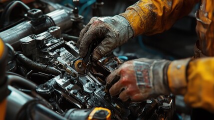 Mechanic Working on Engine: Close-up of a skilled mechanic meticulously repairing a complex engine, showcasing intricate details and the hands-on nature of automotive repair.