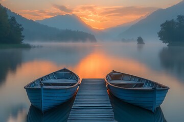 Tranquil Sunrise over Misty Lake with Two Boats Docked