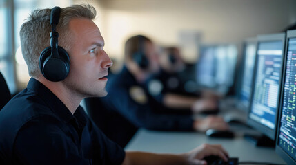 Dispatchers in 911 control center monitor tech. Use advanced systems to coordinate emergency responses. Manage police, medical, rescue teams. Urgent situations handled by coordinating teams, tools.