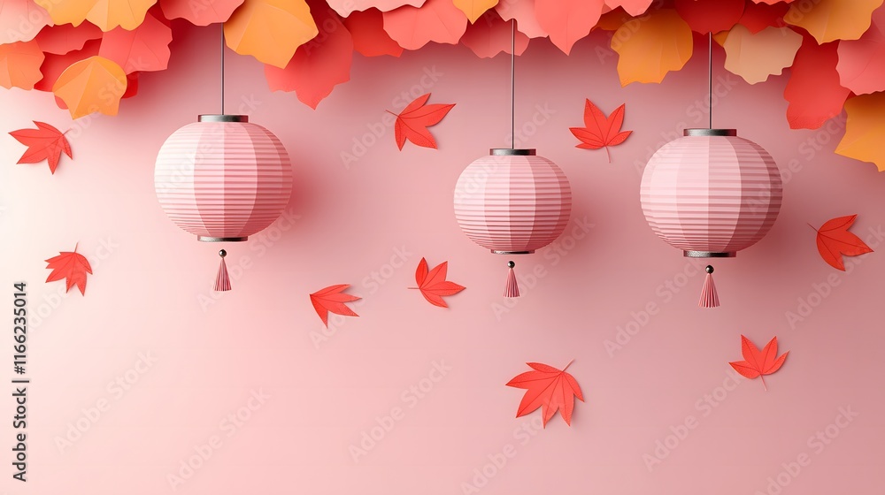 Poster elegant pink lanterns hanging over a soft pink background with colorful autumn leaves creating a coz
