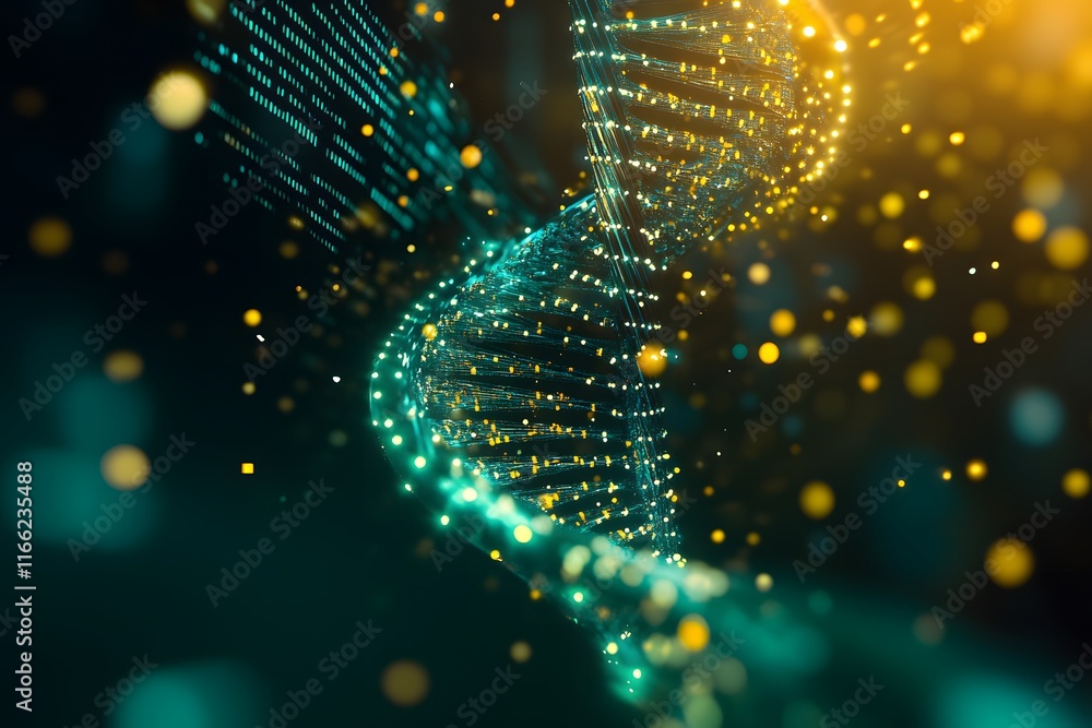 Poster abstract representation of dna helix structure with glowing particles and light effects in a blur ba