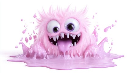 Playful pink monster splashes in purple goo with big eyes and fangs in a fun cartoon style