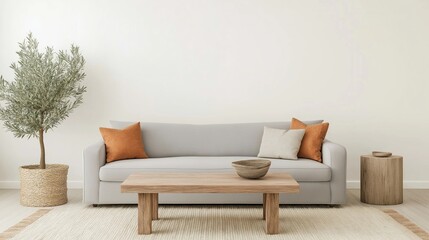 Cozy living room with grey sofa, rustic wooden coffee table. Earthy tones, natural green plants create warm, inviting atmosphere. Minimalist decor, textured accents add style. Home interior design