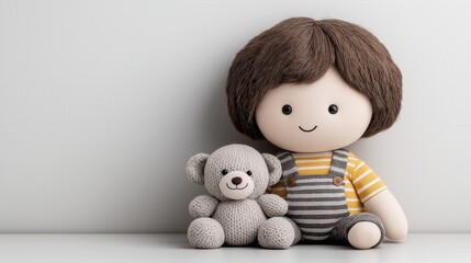 Adorable doll and teddy bear in striped outfit on minimalist background