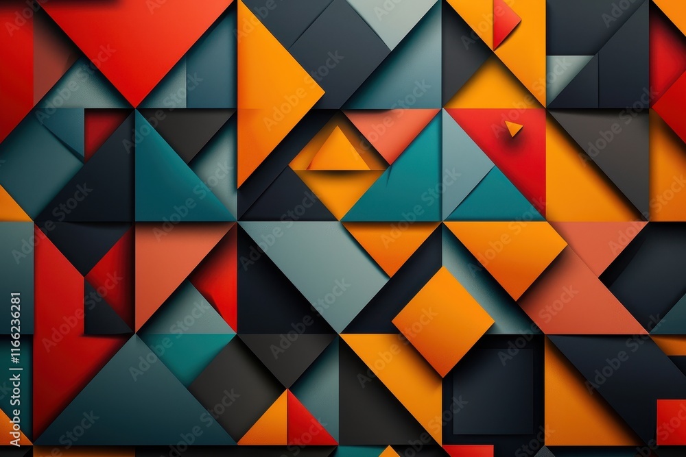 Poster abstract geometric pattern with vibrant colors and dimensional shapes.