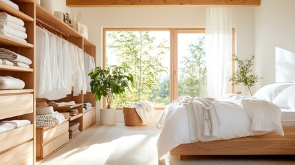 Bright bedroom with large windows, wooden furniture, and minimalist decor.