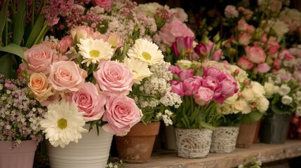 Beautiful floral arrangements in elegant vases at a charming flower shop