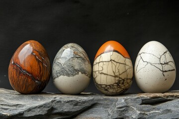 Artfully crafted eggs with a stone-like appearance, displayed on natural rocks, emphasizing organic beauty.