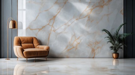 Stylish modern interior with marble wall, cozy armchair, and potted plant in sunlit room