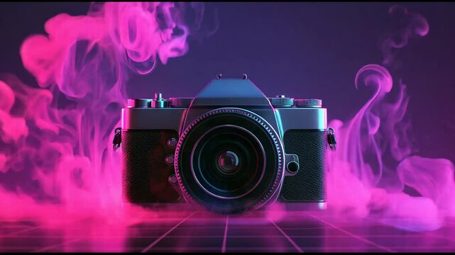 A stunning vintage camera is beautifully enveloped in swirling pink and purple synthwave neon colored smoke.