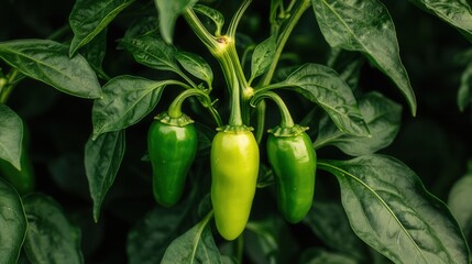 Fresh green peppers growing on plant in organic garden