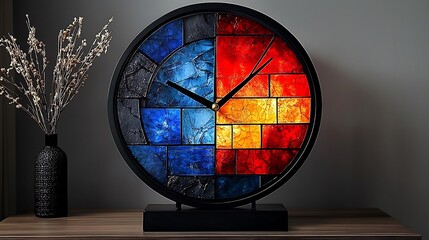 Stylish round clock with blue and red mosaic design, standing on a wooden surface.