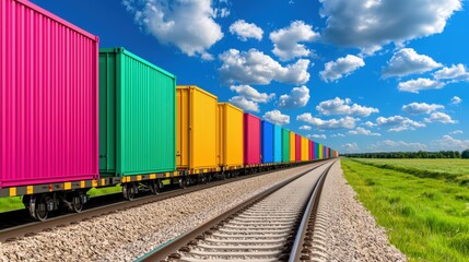 Fototapeta premium Colorful freight train on rails under vibrant blue sky with fluffy clouds in countryside