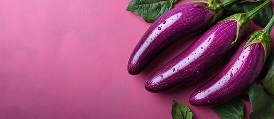Vibrant Purple Eggplants on Pink Background