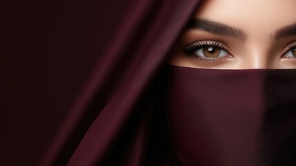 Fototapeta premium Mystical gaze: enigmatic eyes behind burgundy veil capturing intense ambiance