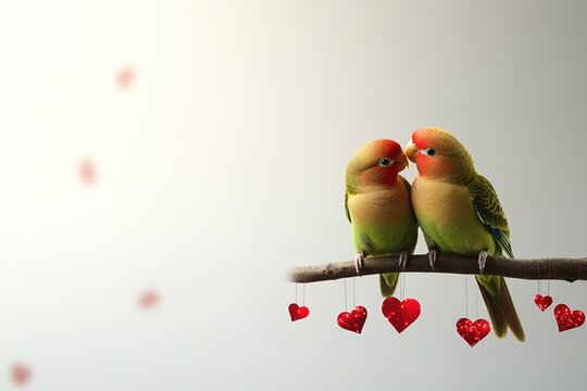 Two Lovebirds Perched on Branch with Hearts, Valentine's Day concept