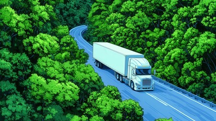 White truck navigating scenic forest road on a bright day