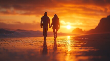 Sunset Romance: A Couple's Silhouette Walk on a Beach