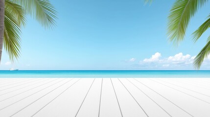 Fototapeta premium Tropical beach scene with palm leaves overlooking a calm ocean and clear sky