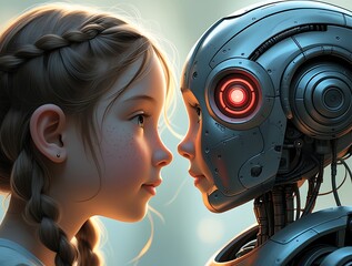 
Human and AI connection showcased in an artistic portrayal, emphasizing the bond between technology and humanity, a girl facing a futuristic robot, highlighting artificial intelligence, innovation, a