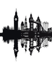 Simplified black and white city silhouette of London with symbolized Big Ben, Tower Bridge, Shard and buildings reflected in water, creating serene visual effect. White background, copy space, 9:16