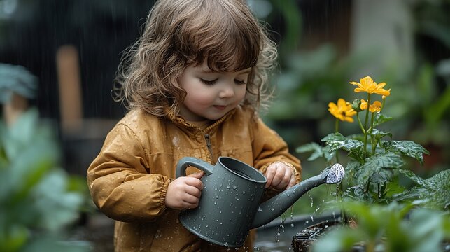 Toddler Watering Plants in the Rain