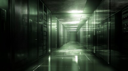 Virtual Data Center with Dim Lighting and Digital Overlay