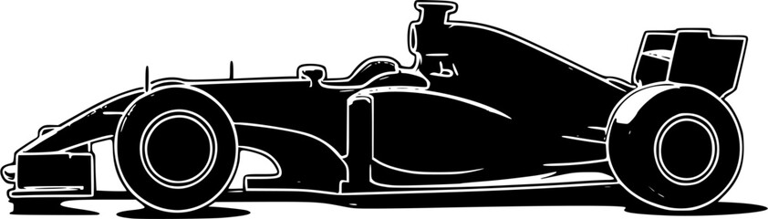 Side view of a black formula 1 car vector icon isolated on a transparent background.