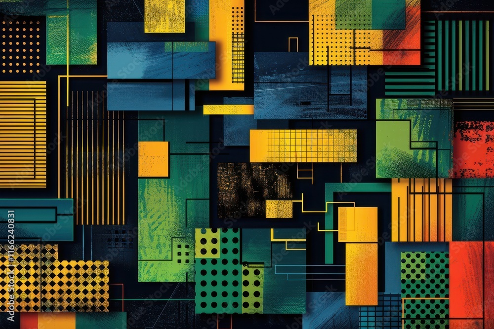 Poster abstract geometric composition with vibrant colors and varied patterns.